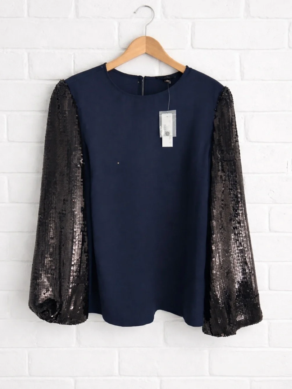 J.Crew Sequin Sleeve Crepe Blouse Navy Black NWT Size Small - Picture 3 of 6